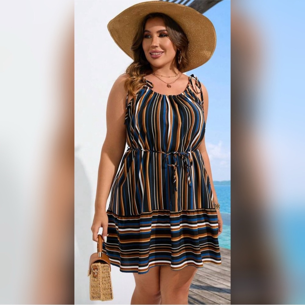 SHEIN Stripped Tie Shoulder Ruffle Hem Cami Dress